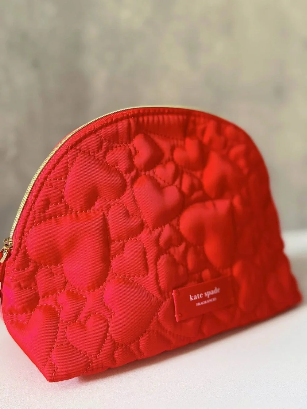 kate spade Red Quilted Heart Cosmetic Case with Gold Heart Charm